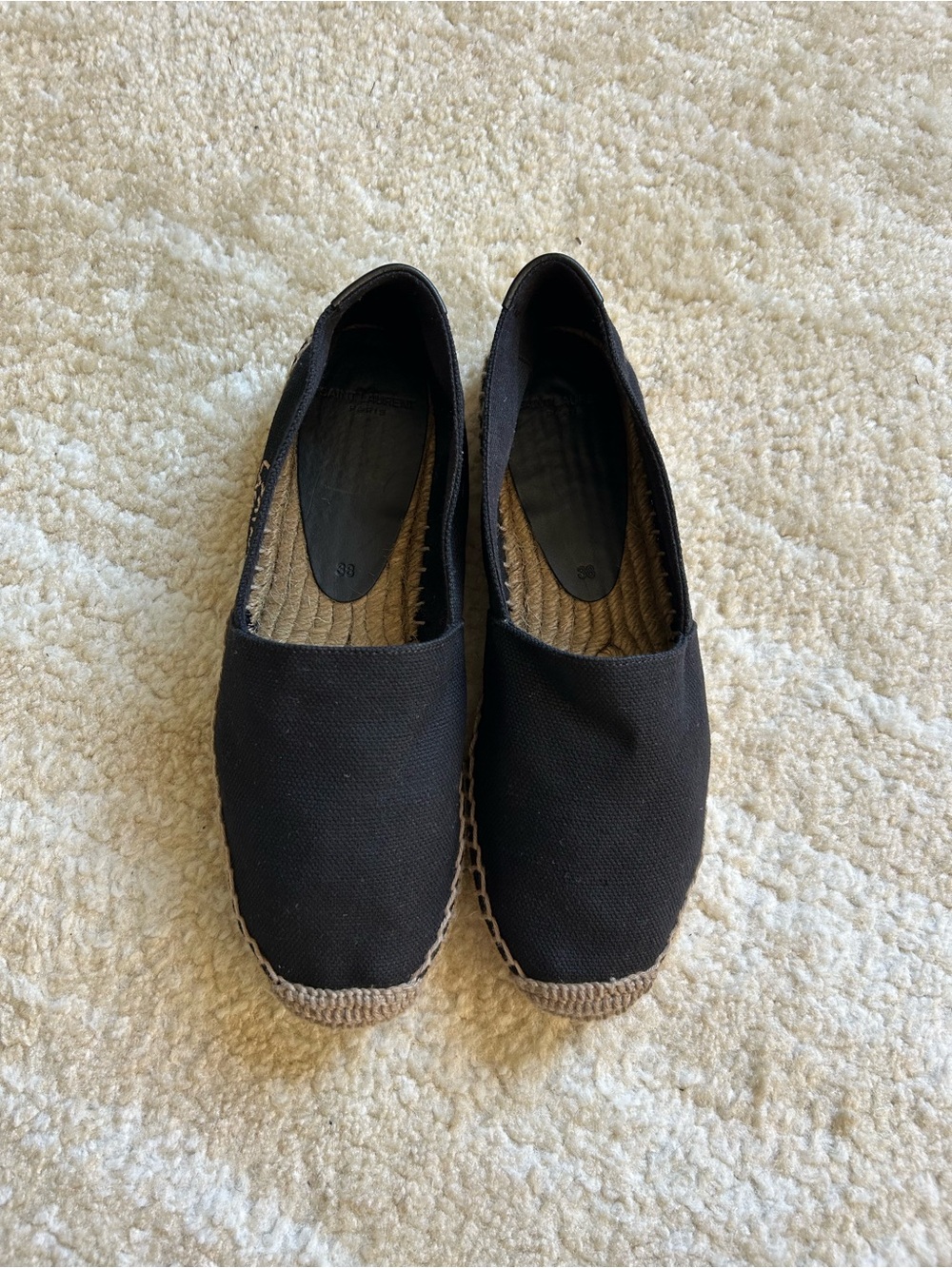 Saint Laurent Paris Black Canvas Espadrille Flats Logo Slip On Shoes EU 38 US 8